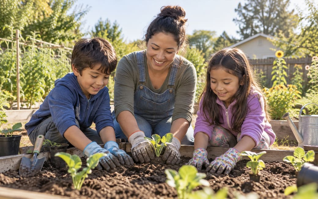 Kids planting in a raised garden bed