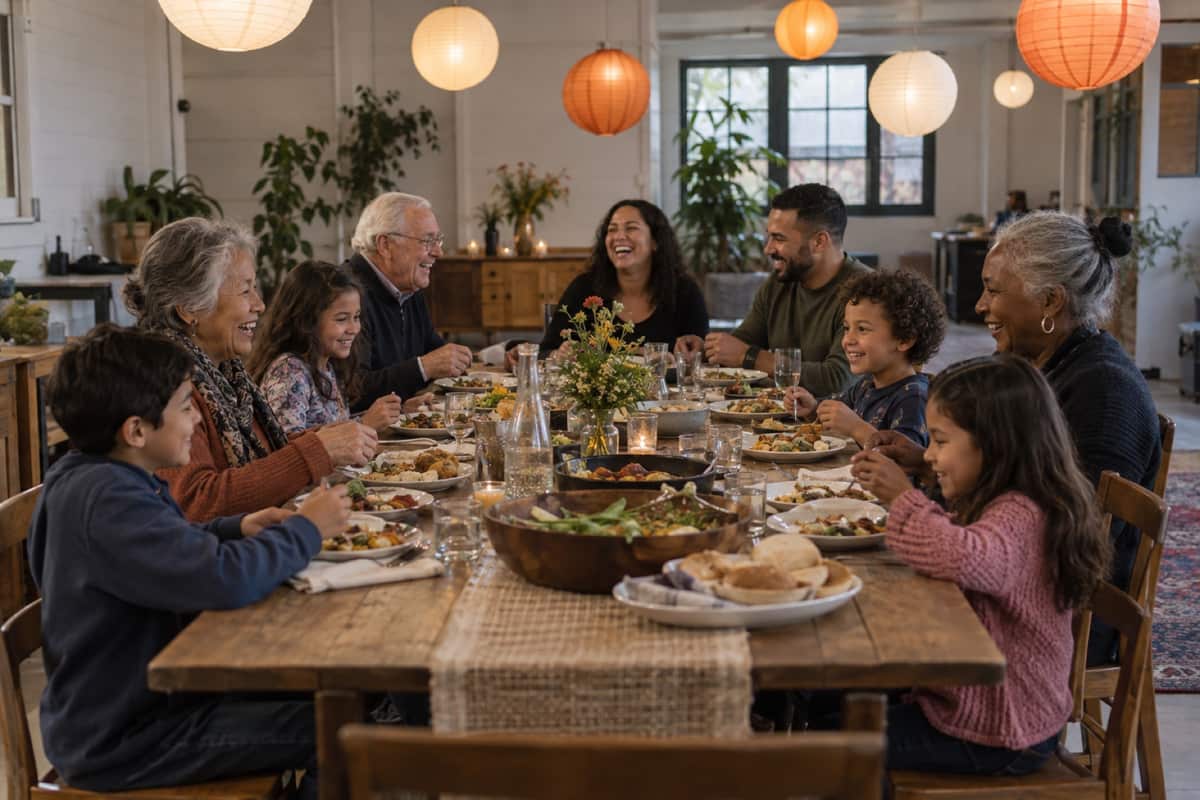 Neighbors sharing dinner at the long table