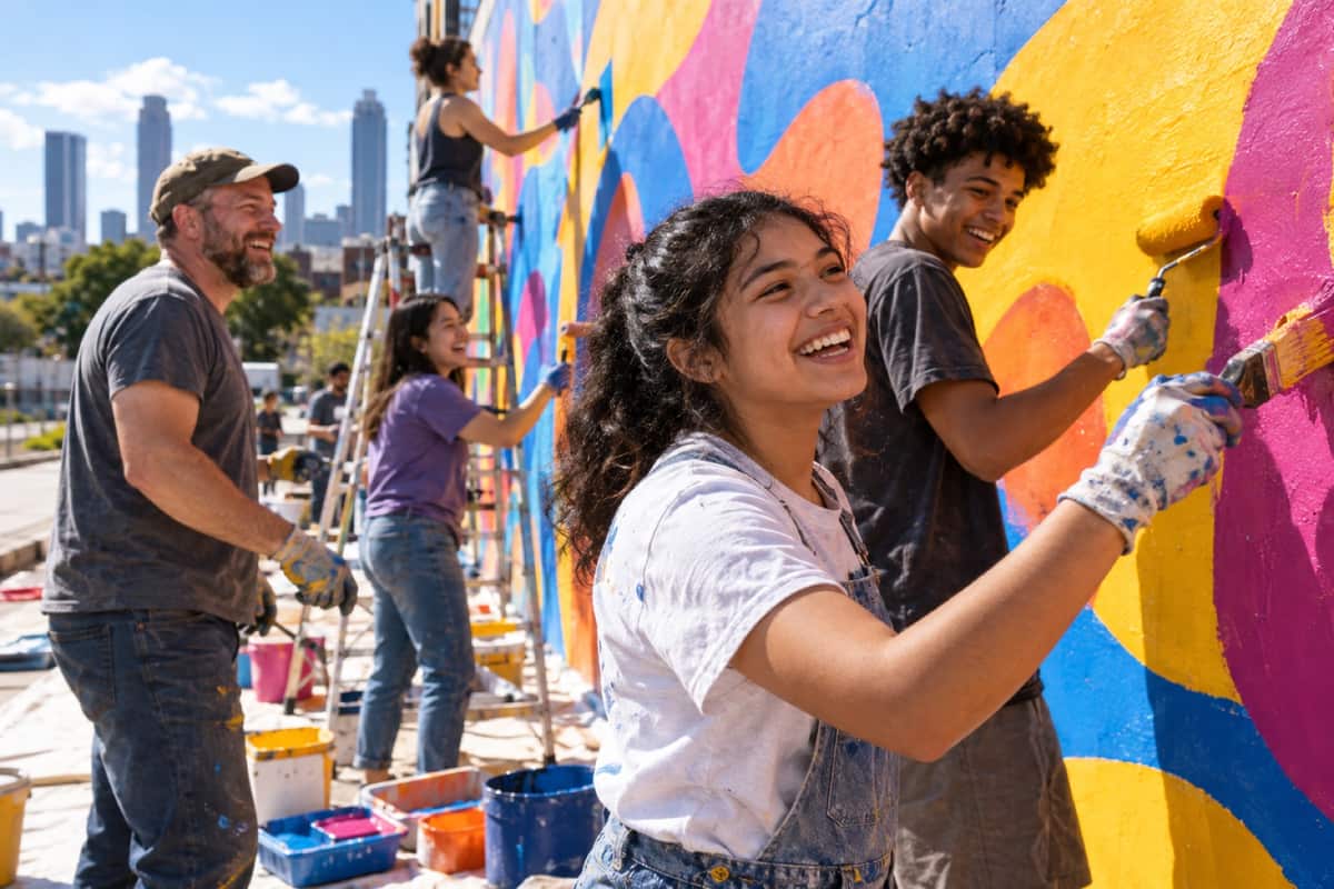 Teens and volunteers laughing while painting a bright mural