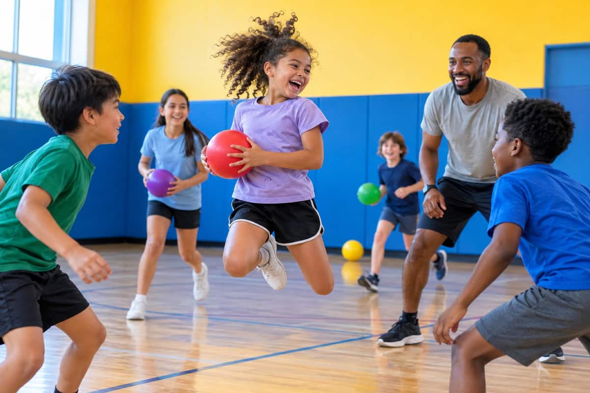 Kids and a coach playing with colorful balls in a bright gym
