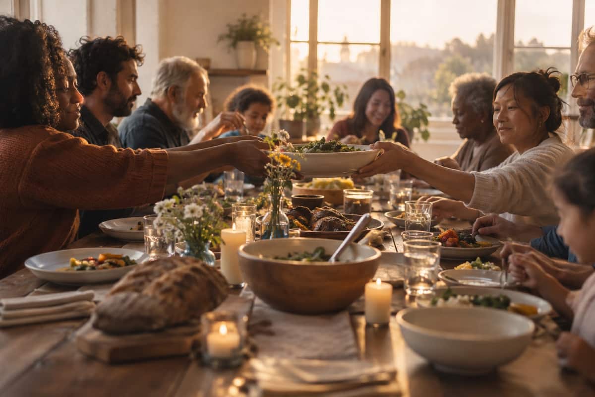 Neighbors passing bowls down a long dinner table in warm evening light