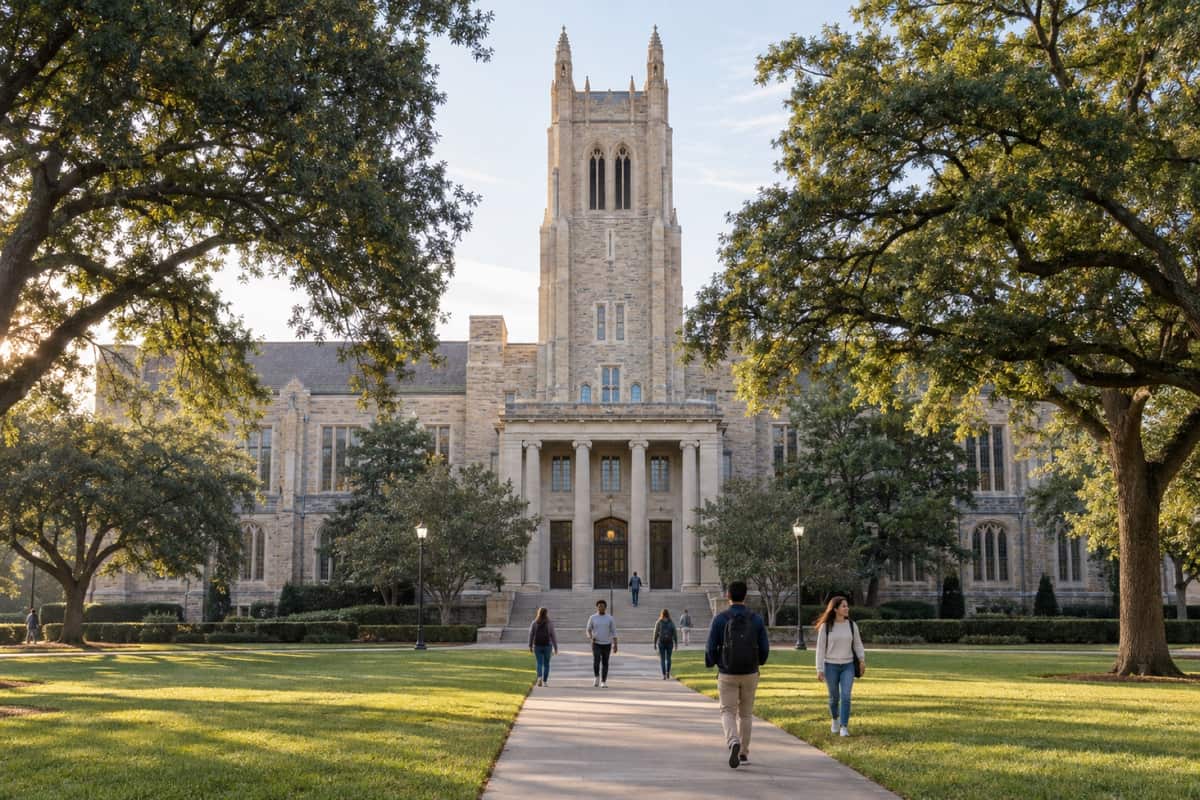 A stone college building with a tower seen across a tree-lined lawn