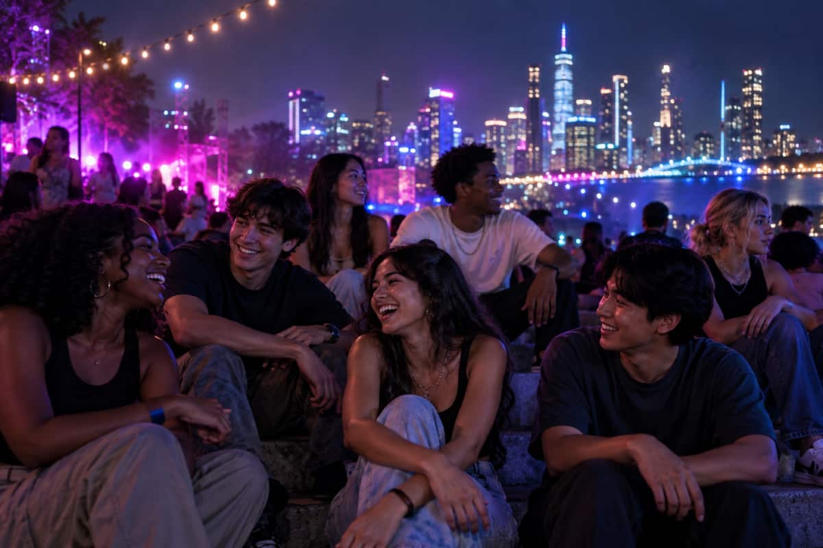 Young people talking on outdoor steps under string lights at night