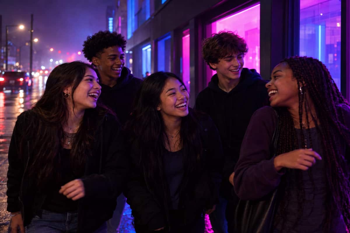 Teenagers laughing together on a city sidewalk at night