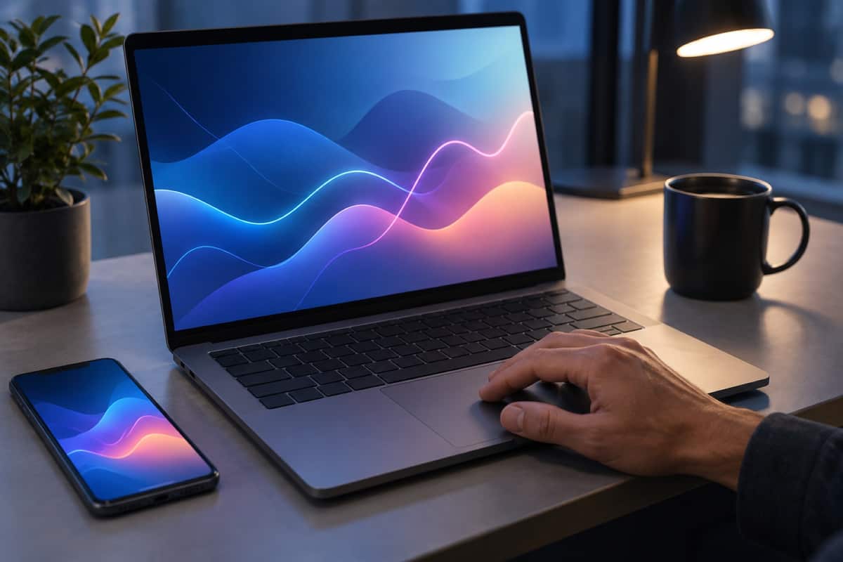 A laptop and phone showing a dashboard on a desk at dusk