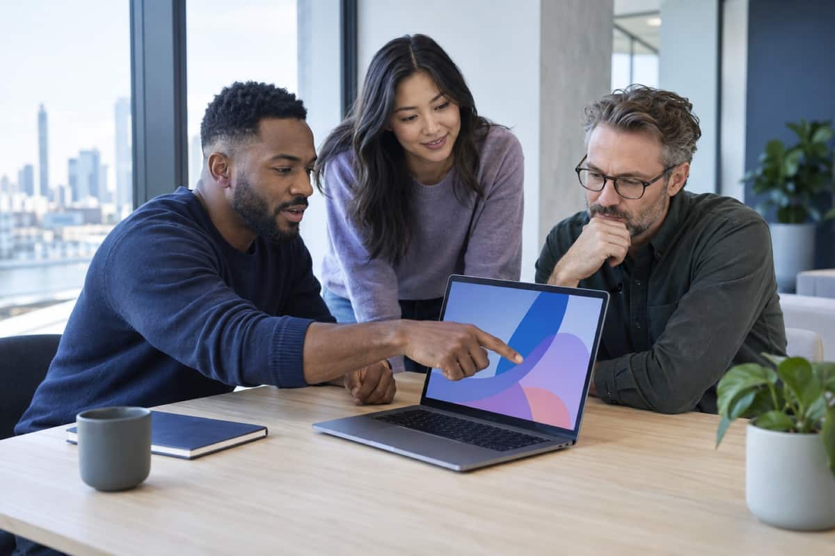 Three volunteers planning the week's deliveries around a laptop