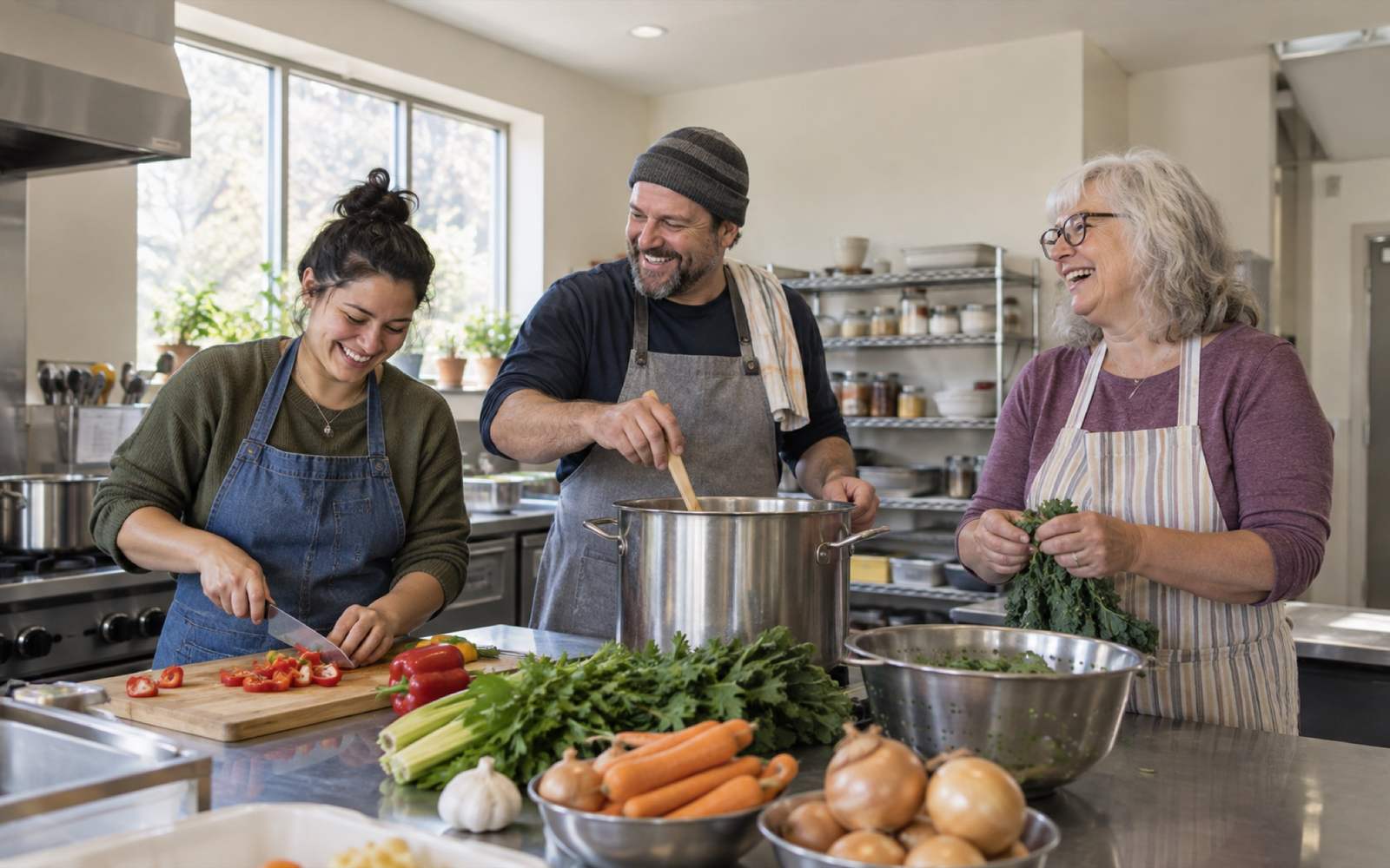 Cooks plating soup in the community kitchen