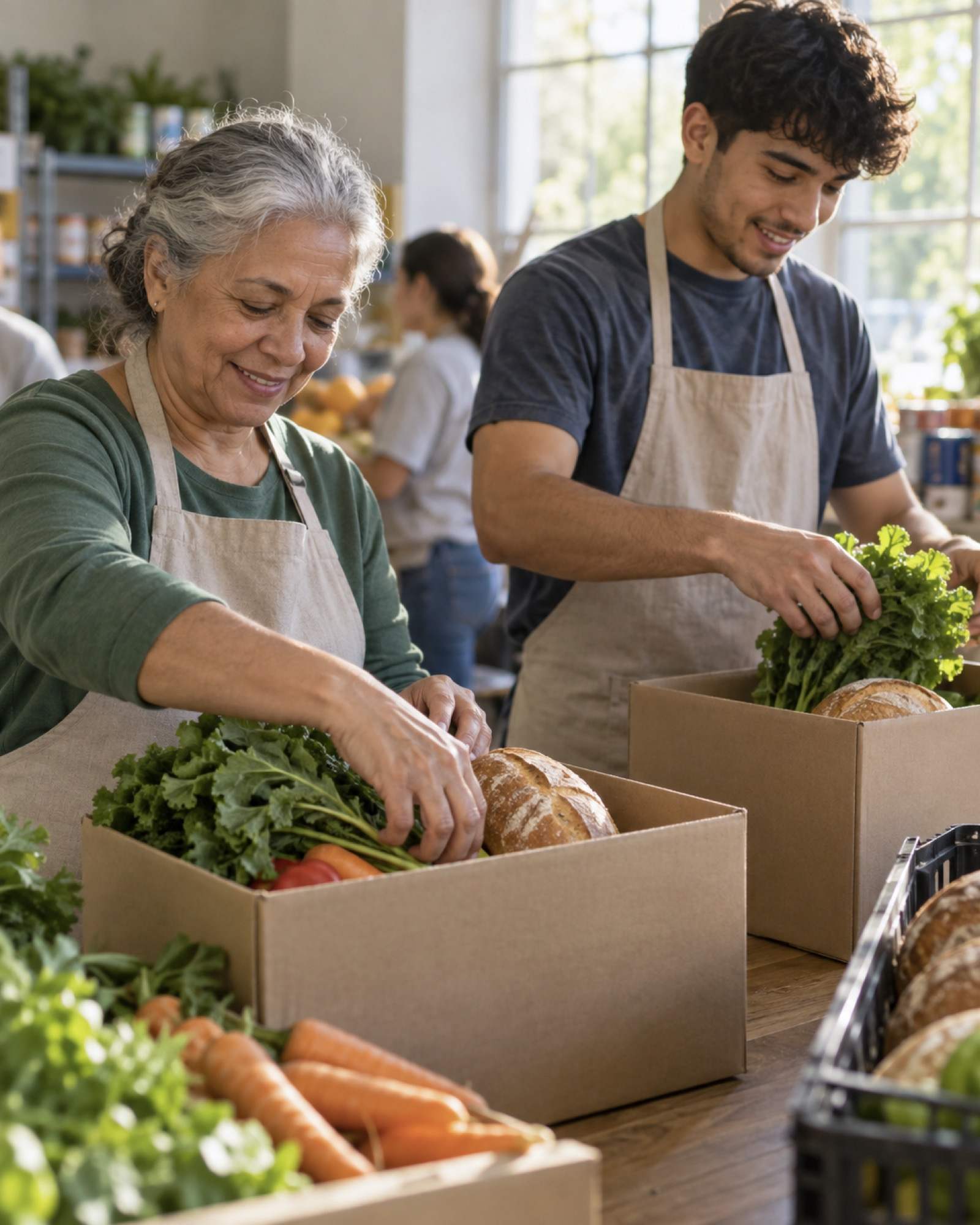 Volunteers packing grocery boxes