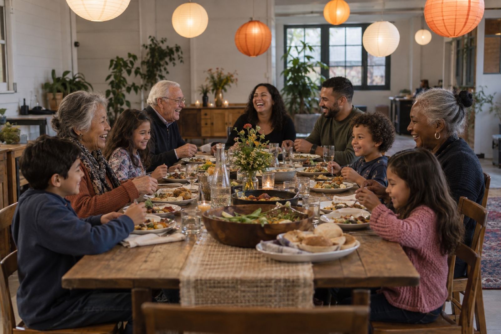 Neighbors sharing a meal at tables set end to end down Alder Street